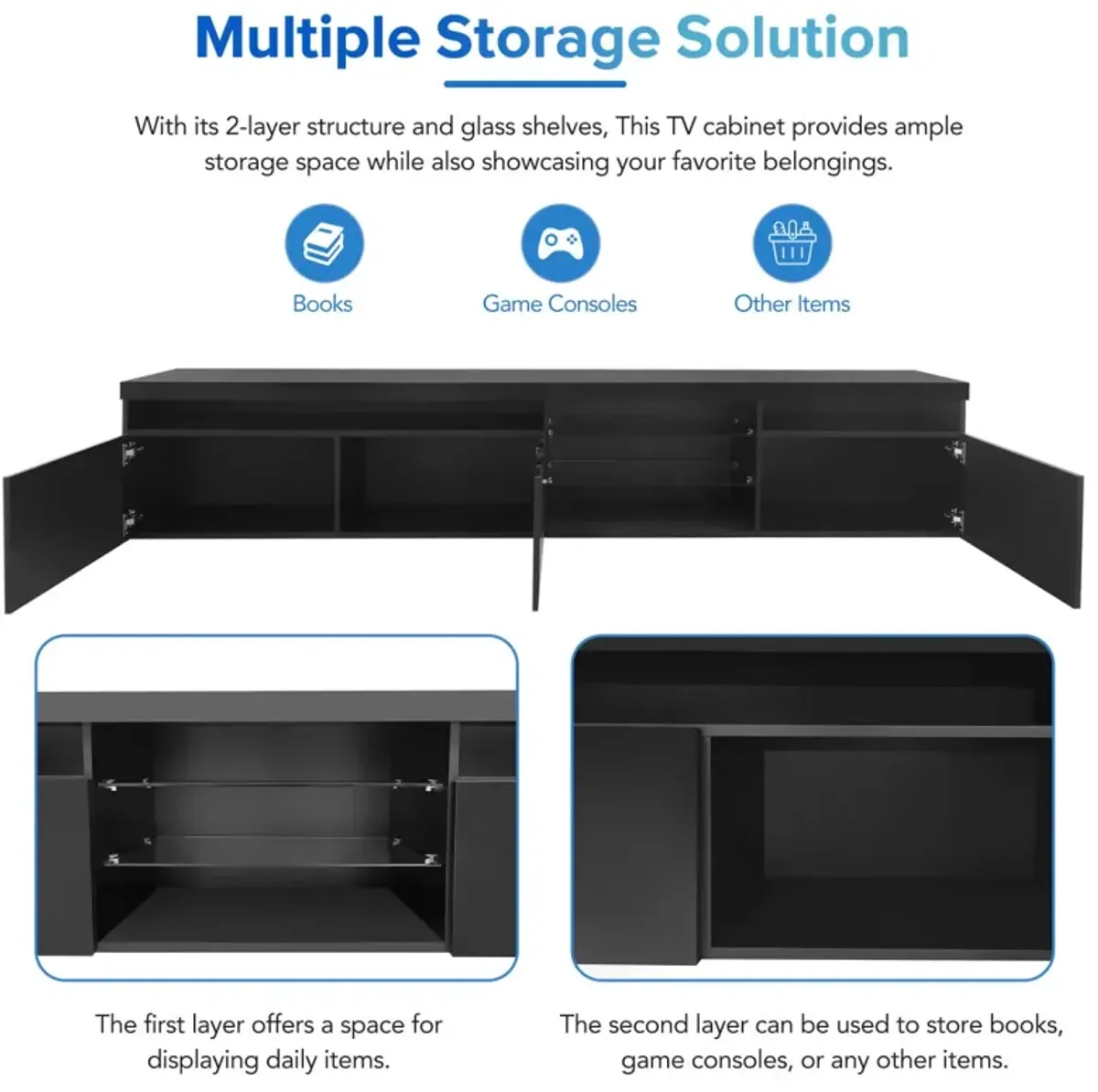 LED TV Stand with Glass Shelves & Ample Storage