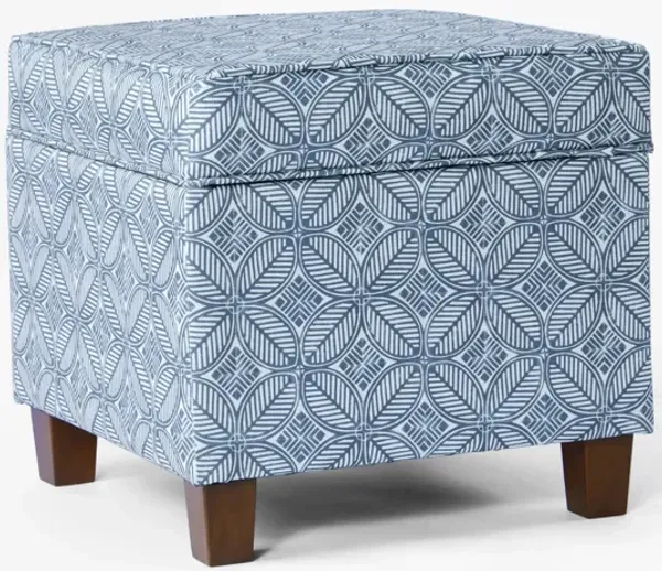 Pyp Square Storage Ottoman, 18 Inch Indigo Blue Print, Walnut Brown - Benzara