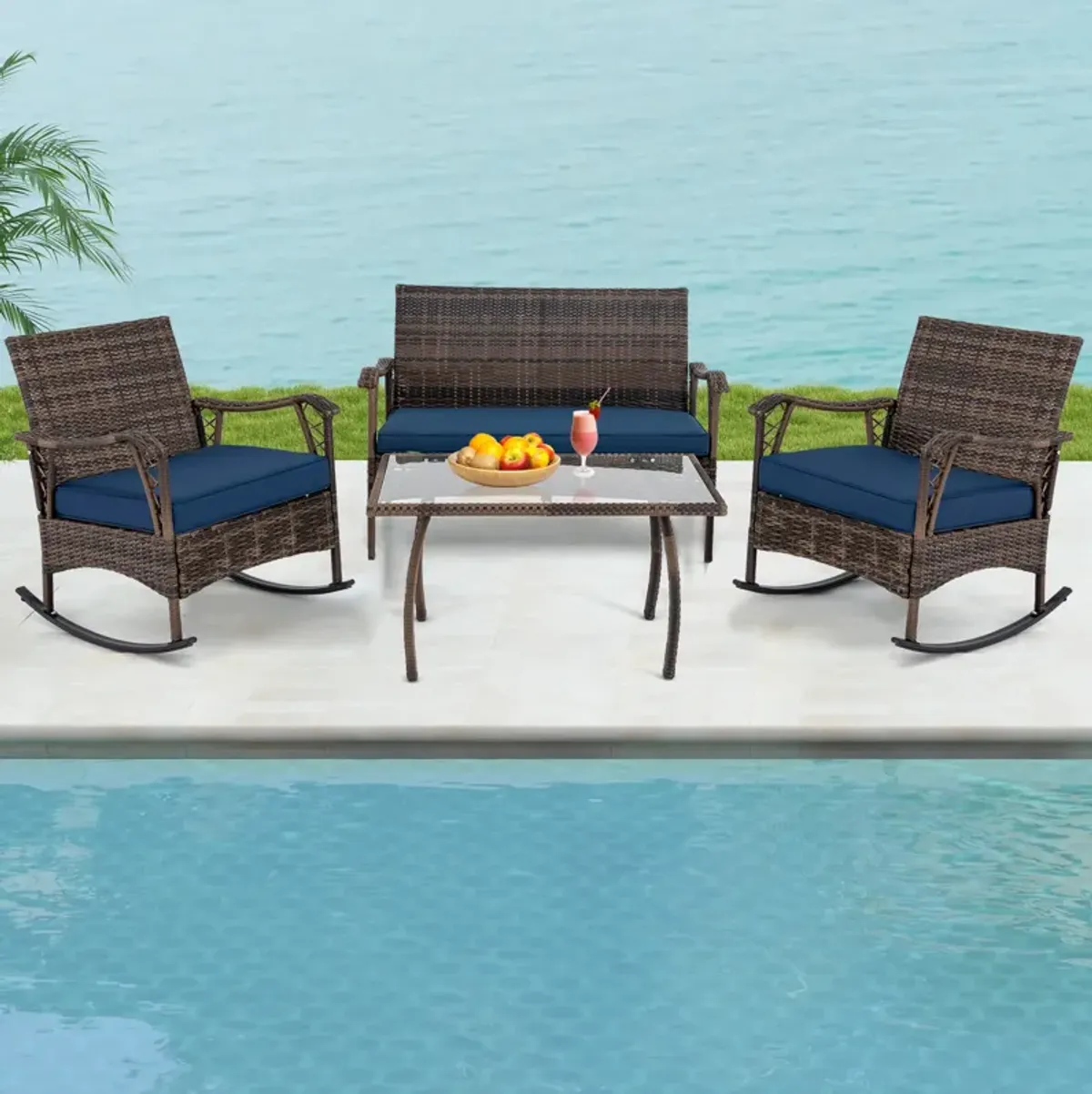 4-Piece Wicker Rocking Set with Bungee Rope Seat – Comfortable Outdoor Chairs for Porch or Yard