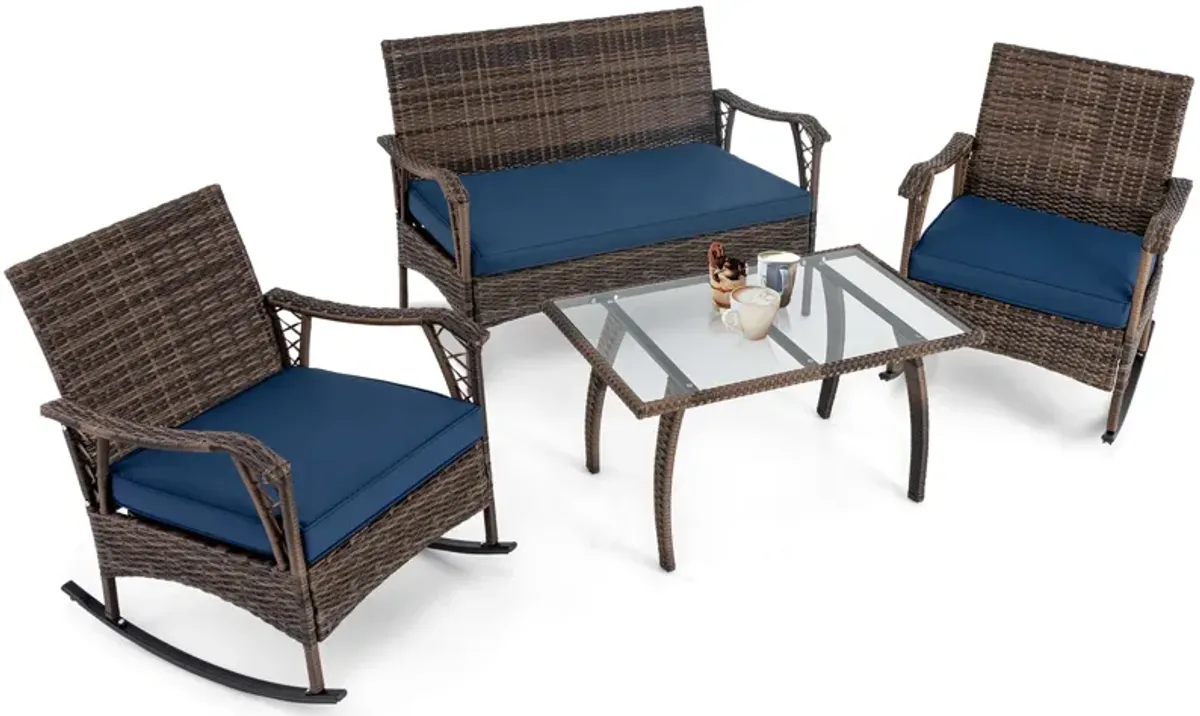 4-Piece Wicker Rocking Set with Bungee Rope Seat – Comfortable Outdoor Chairs for Porch or Yard