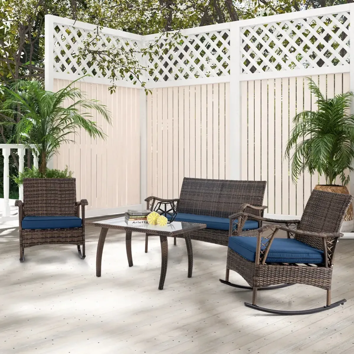 4-Piece Wicker Rocking Set with Bungee Rope Seat – Comfortable Outdoor Chairs for Porch or Yard