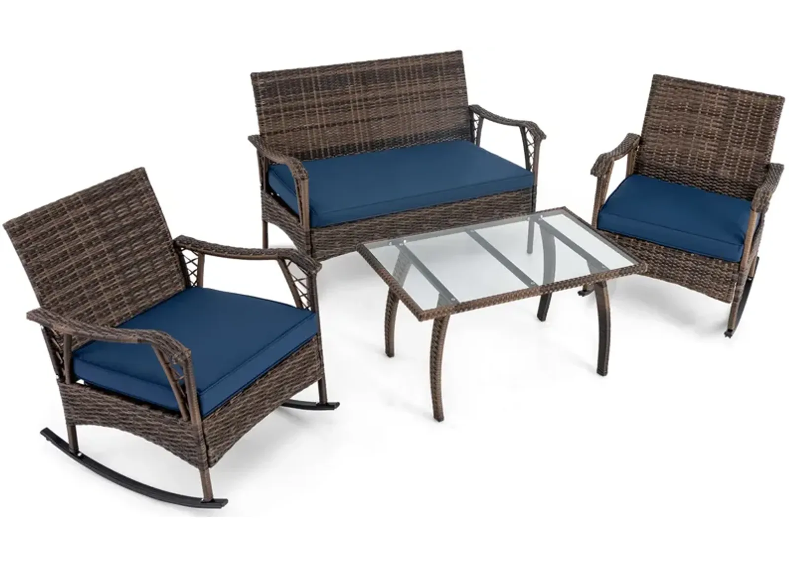 4-Piece Wicker Rocking Set with Bungee Rope Seat – Comfortable Outdoor Chairs for Porch or Yard