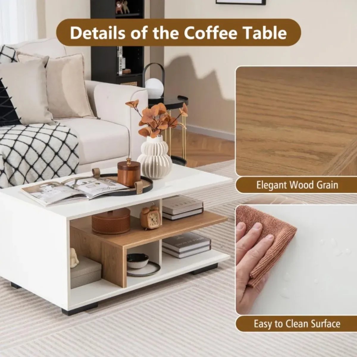 Hivvago Rectangular Coffee Table with L-shaped Middle Shelf