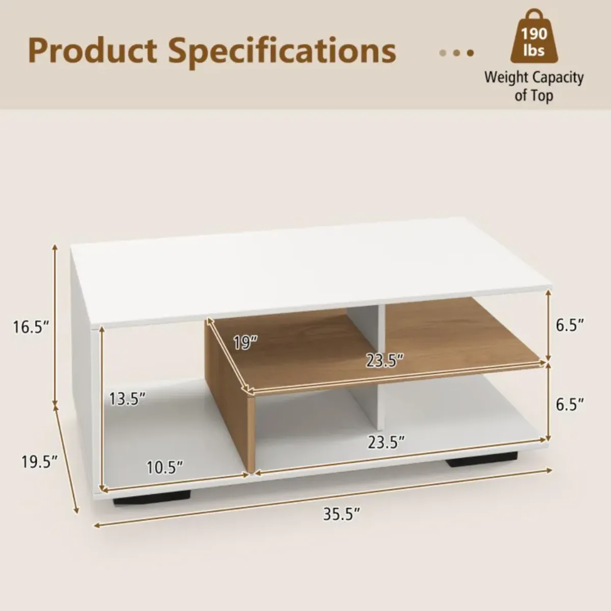 Hivvago Rectangular Coffee Table with L-shaped Middle Shelf