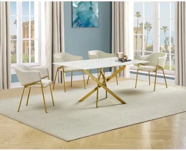 Best Quality Furniture Rectangle Marble Wrap Tempered Glass Dining Table With 4 Linen Beige Side Chairs
