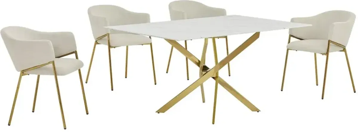Best Quality Furniture Rectangle Marble Wrap Tempered Glass Dining Table With 4 Linen Beige Side Chairs