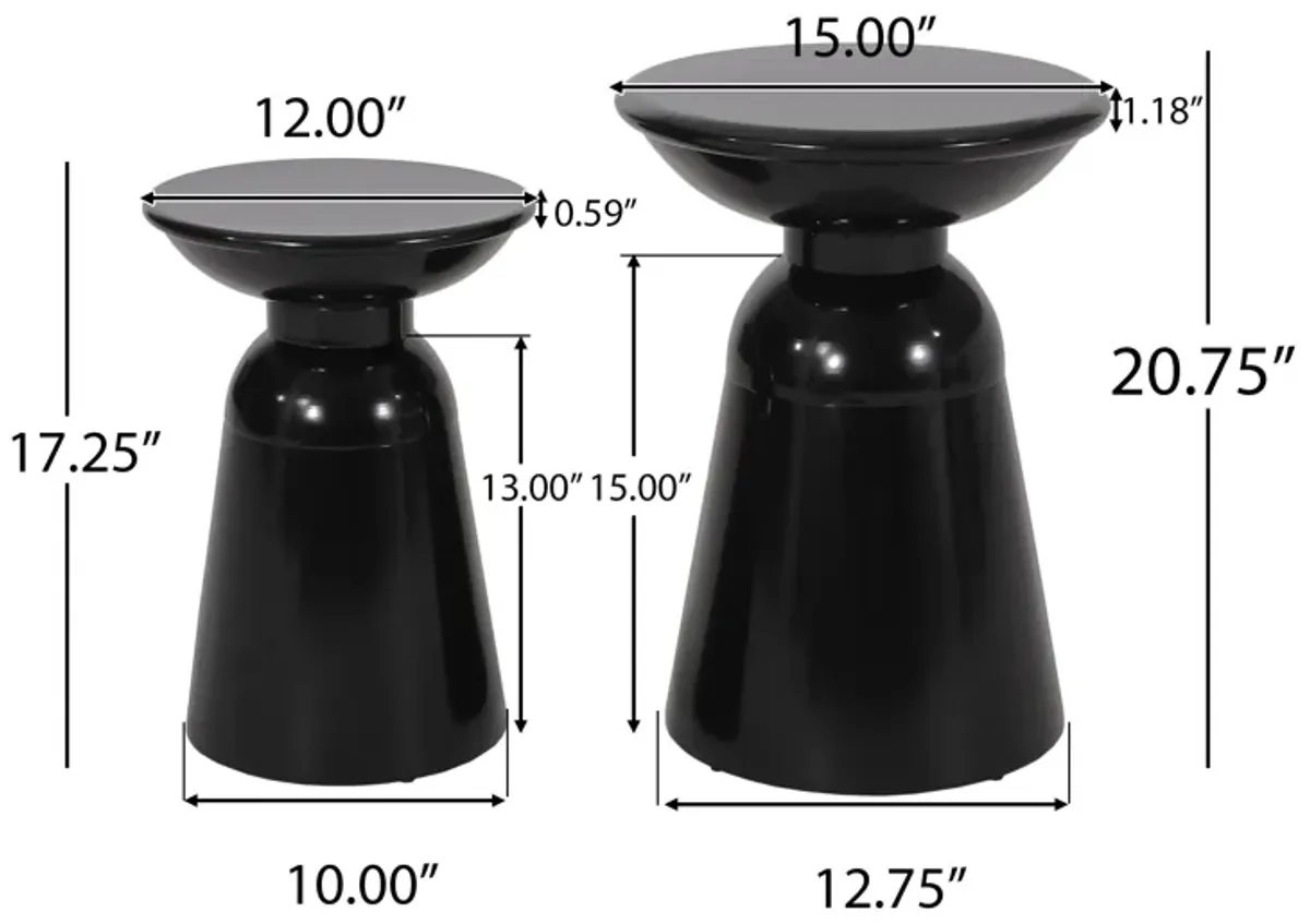 Side End Table Set of 2, Round Taper Top, Pedestal Base, Black Metal - Benzara