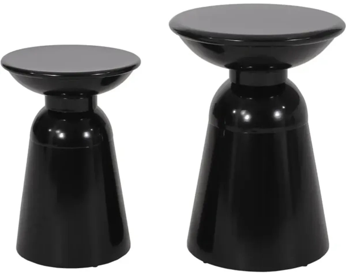 Side End Table Set of 2, Round Taper Top, Pedestal Base, Black Metal - Benzara