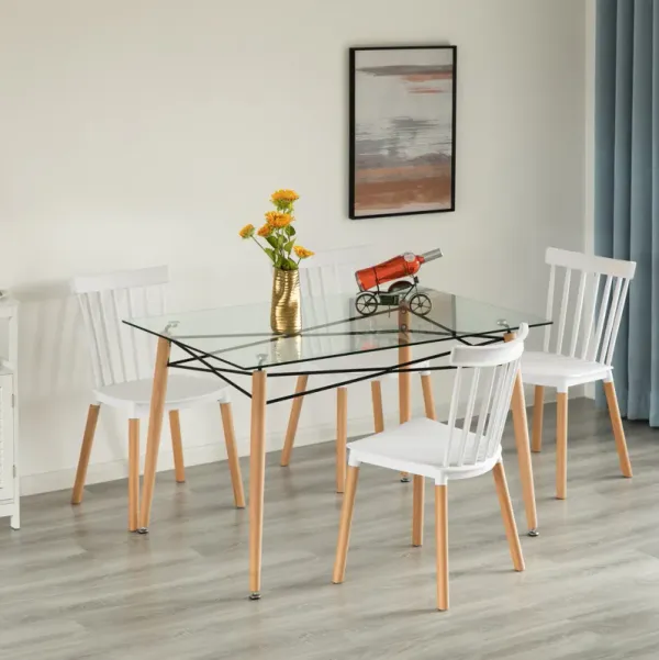 Rectangle Clear Glass Top Accent Dining Table with 4 Beech Metal Frame Solid Wood Legs | Modern Space Saving Small Leisure Tea Desk 47.25" W x 31.5" D x 29.5" H for Kitchen Dining Room, Living Room