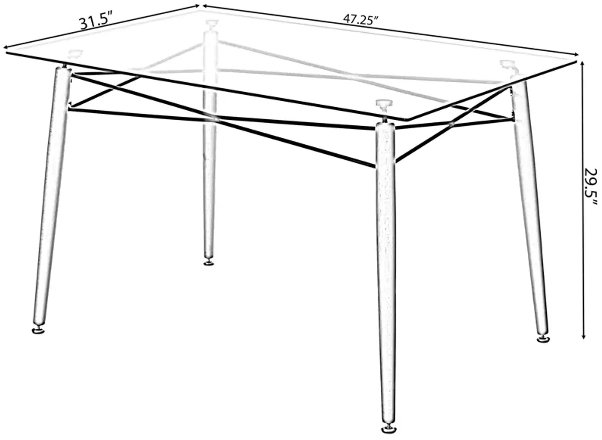 Rectangle Clear Glass Top Accent Dining Table with 4 Beech Metal Frame Solid Wood Legs | Modern Space Saving Small Leisure Tea Desk 47.25" W x 31.5" D x 29.5" H for Kitchen Dining Room, Living Room