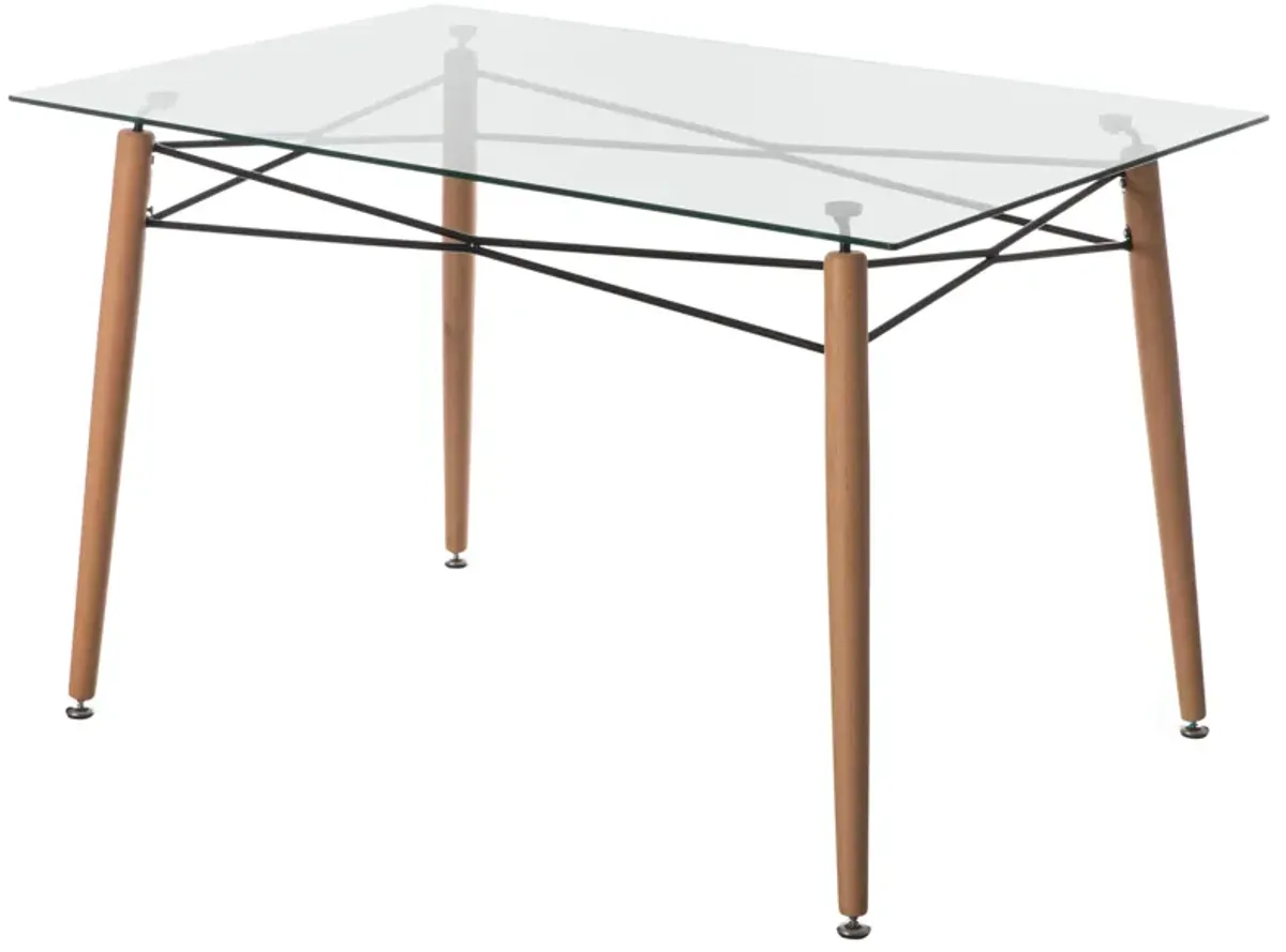 Rectangle Clear Glass Top Accent Dining Table with 4 Beech Metal Frame Solid Wood Legs | Modern Space Saving Small Leisure Tea Desk 47.25" W x 31.5" D x 29.5" H for Kitchen Dining Room, Living Room