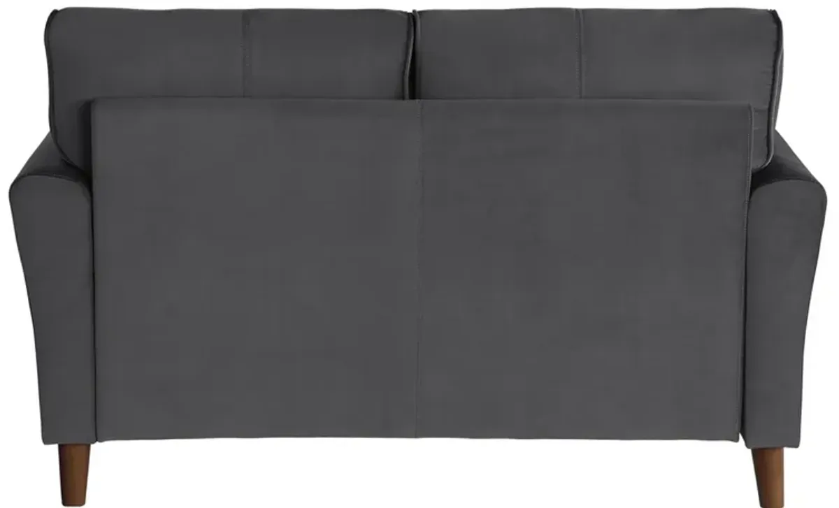 Sarah 57 Inch Loveseat, Gray Velvet, Stitch Tufting, Reversible Cushions - Benzara