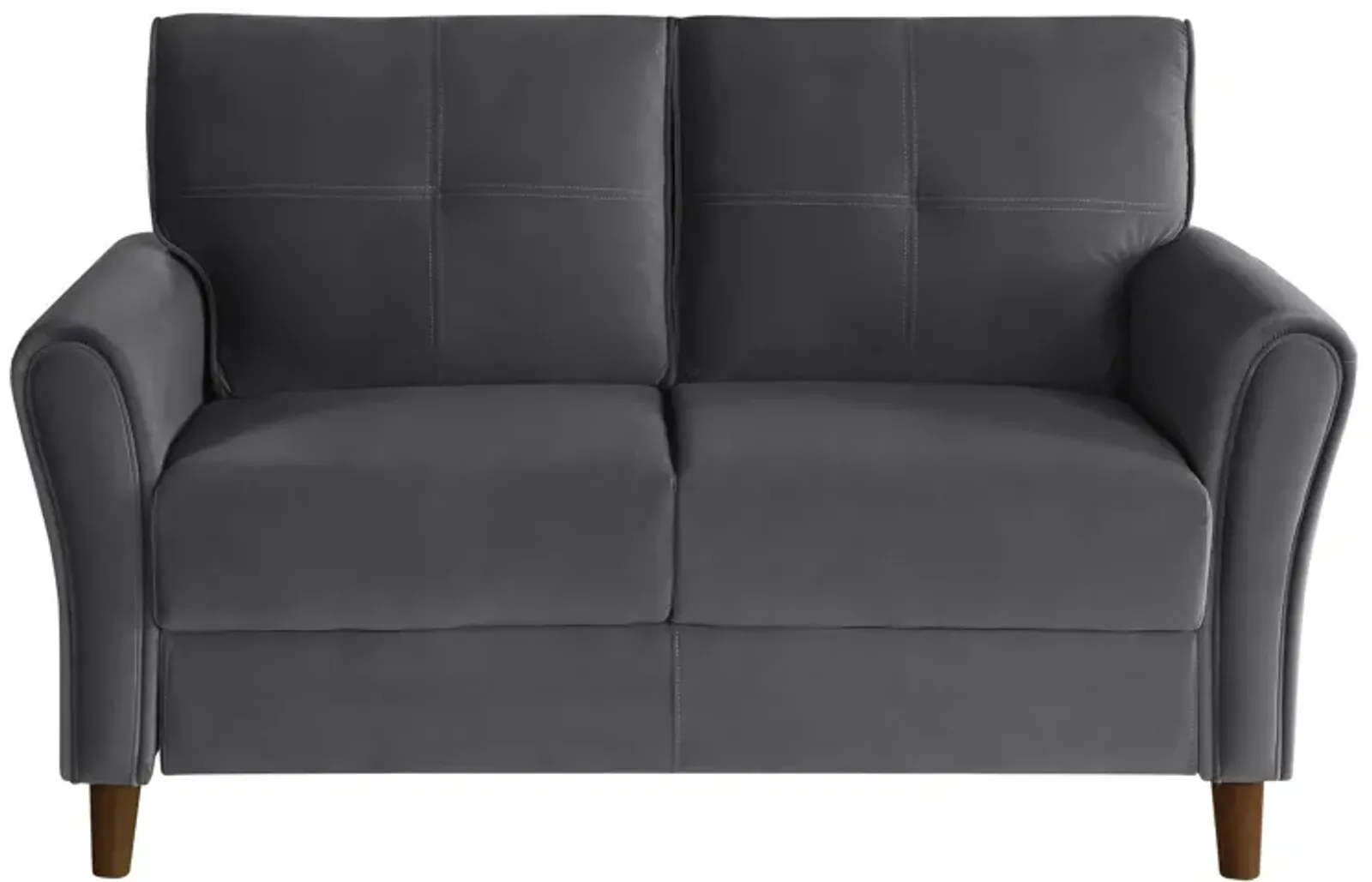 Sarah 57 Inch Loveseat, Gray Velvet, Stitch Tufting, Reversible Cushions - Benzara