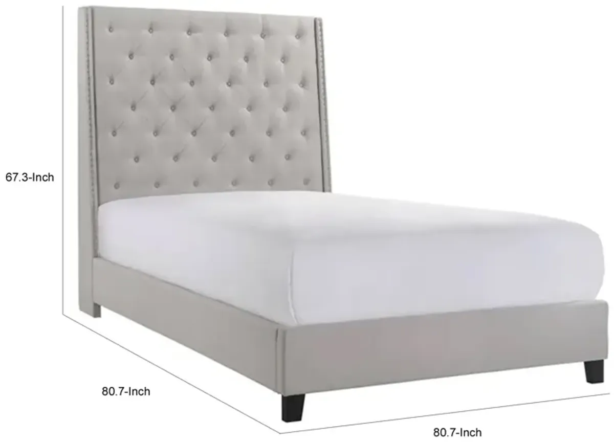 Benjara Maze King Size Bed, Button Tufted, Nailhead, Beige Faux Leather Upholstery