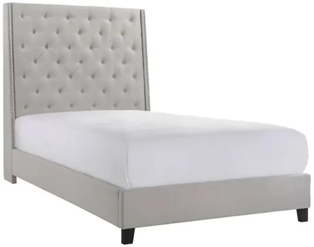 Benjara Maze King Size Bed, Button Tufted, Nailhead, Beige Faux Leather Upholstery