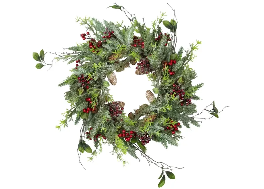 Frosted Pine and Berry Artificial Christmas Wreath  25-Inch  Unlit