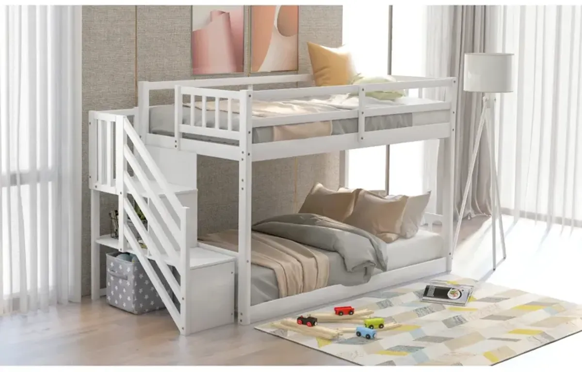 Twin Over Twin Floor Bunk Bed, Ladder With Storage