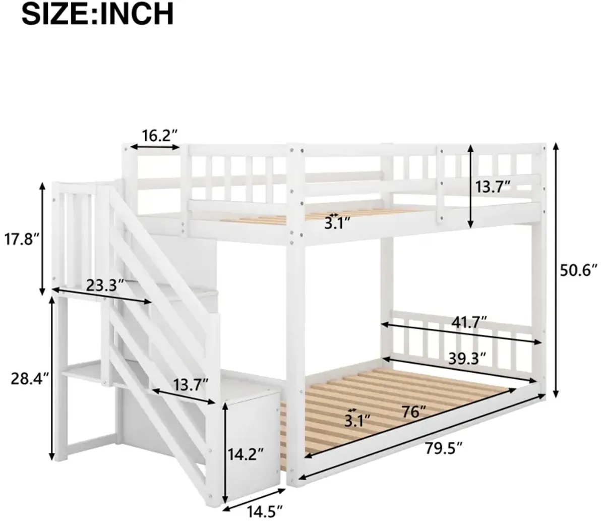 Twin Over Twin Floor Bunk Bed, Ladder With Storage