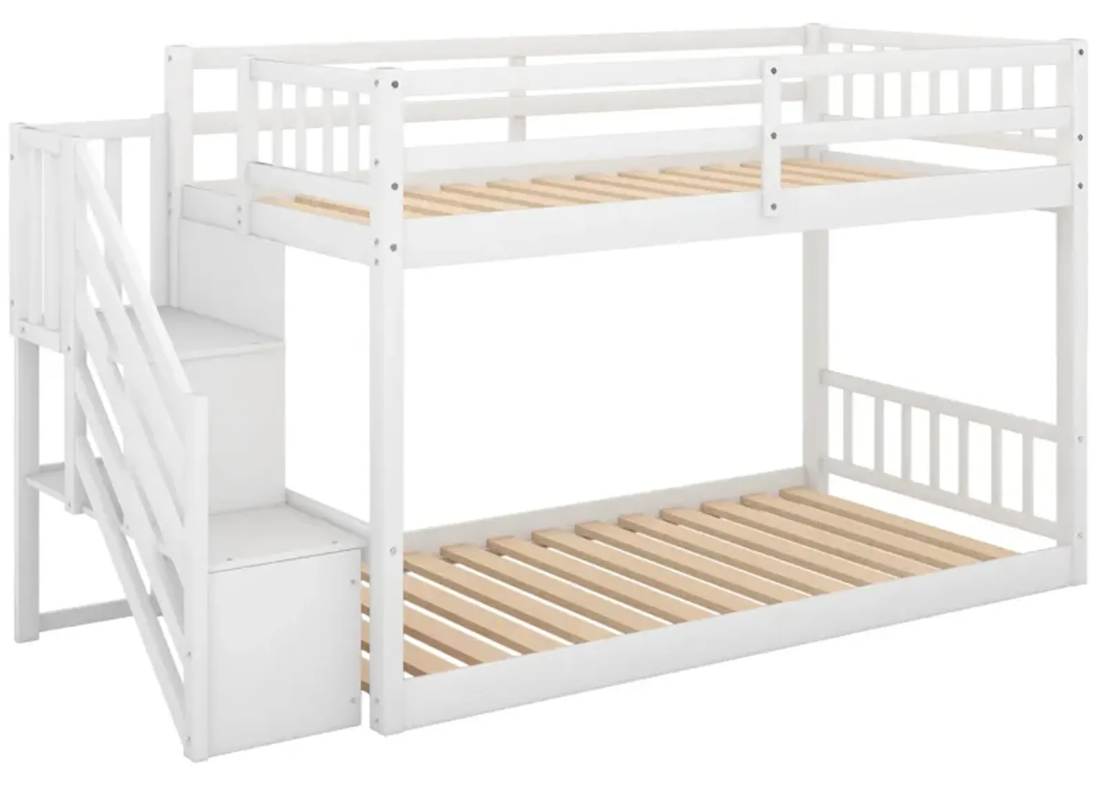 Twin Over Twin Floor Bunk Bed, Ladder With Storage