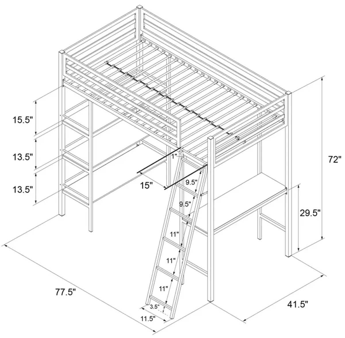 Nova Metal Loft Bed with Desk and Storage Shelves, Graphite Gray