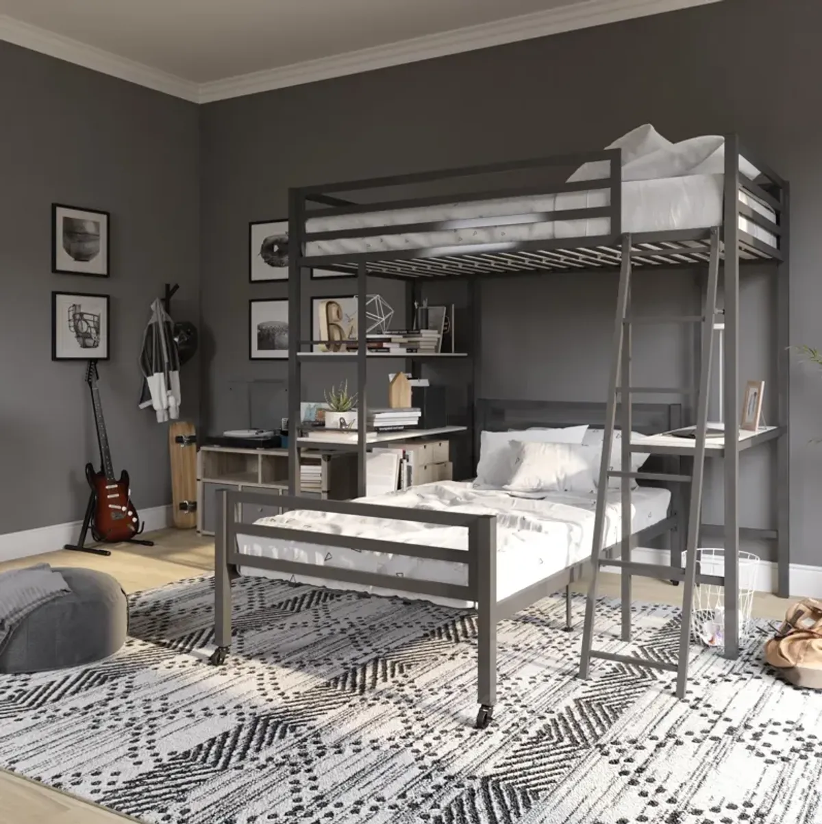 Nova Metal Loft Bed with Desk and Storage Shelves, Graphite Gray