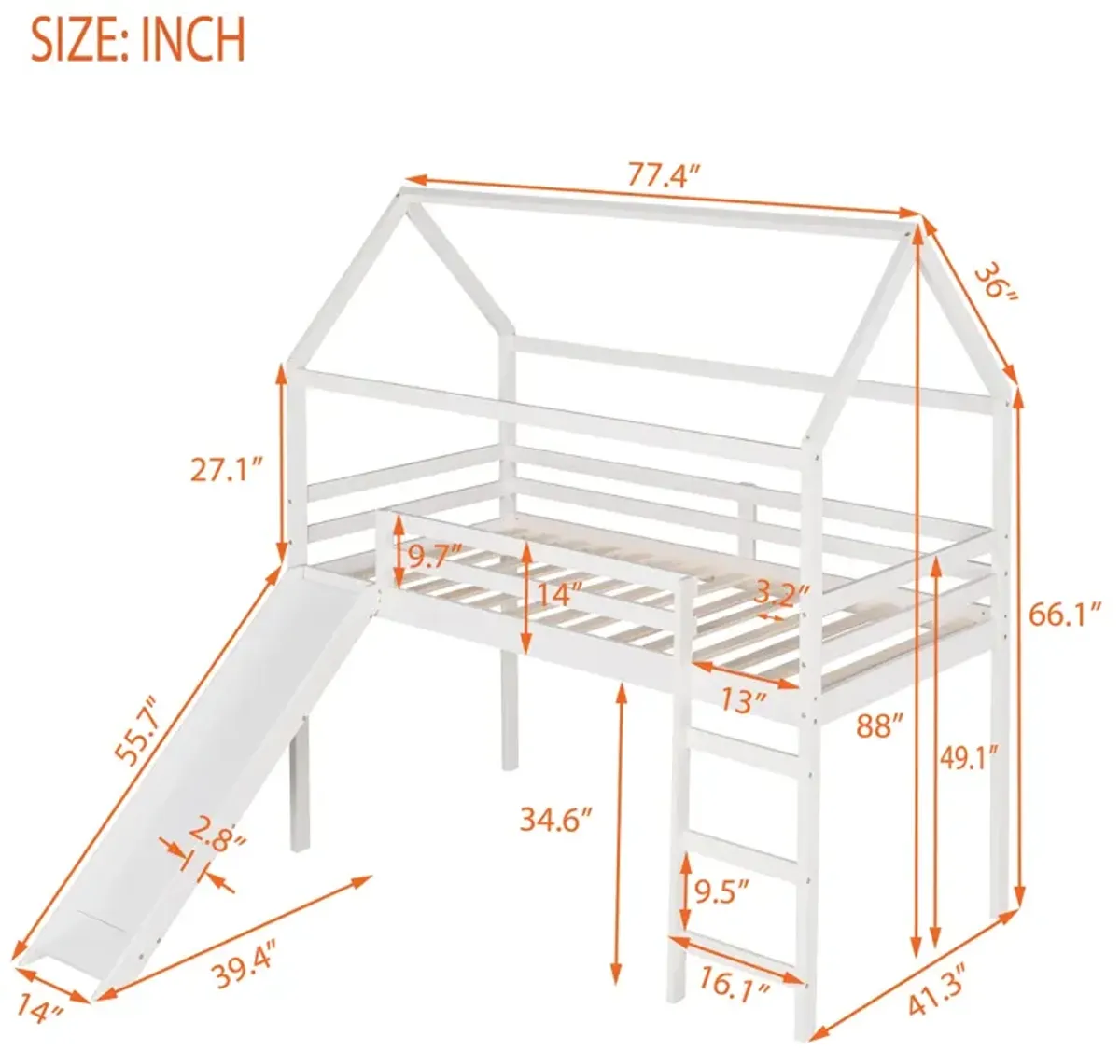 Twin Loft Bed with Slide, House Bed with Slide