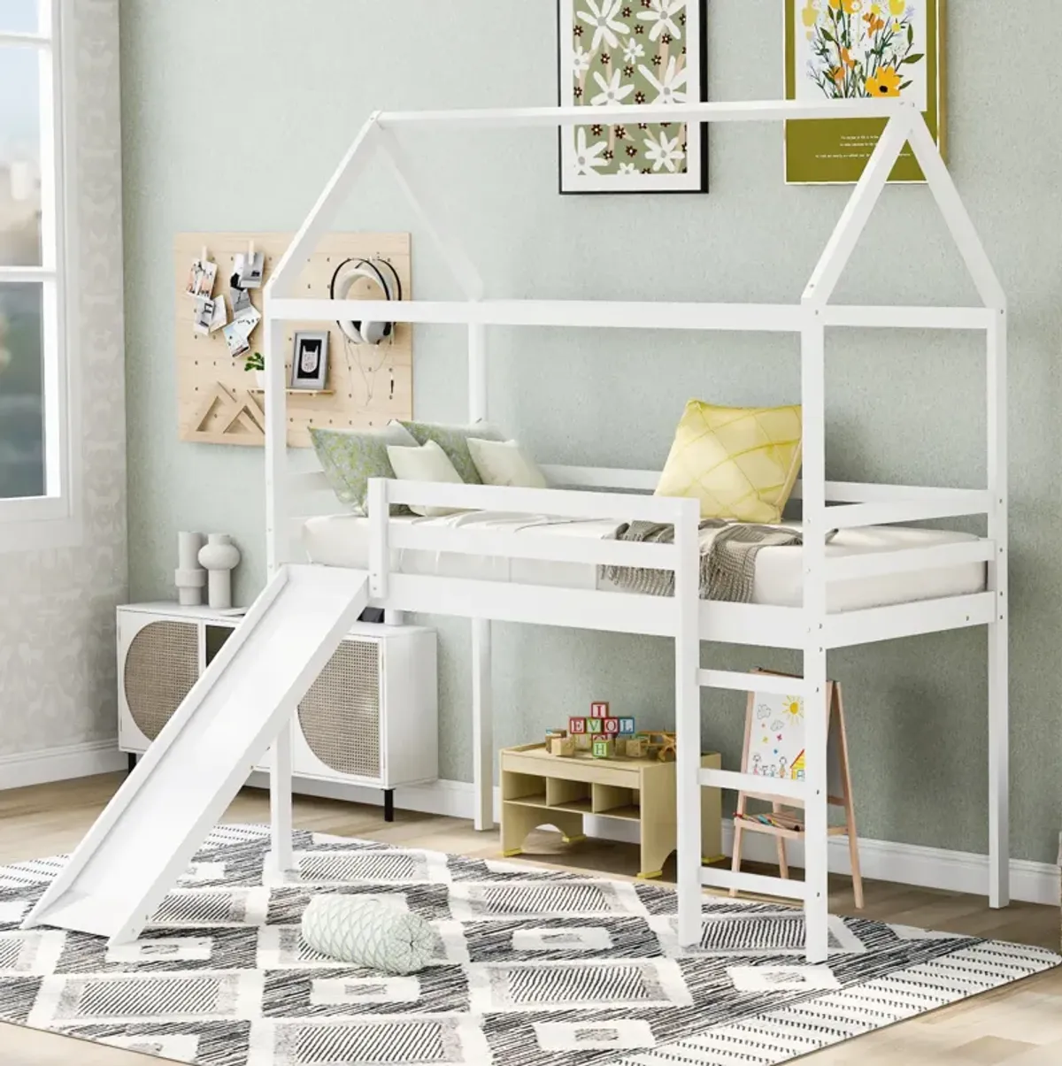 Twin Loft Bed with Slide, House Bed with Slide