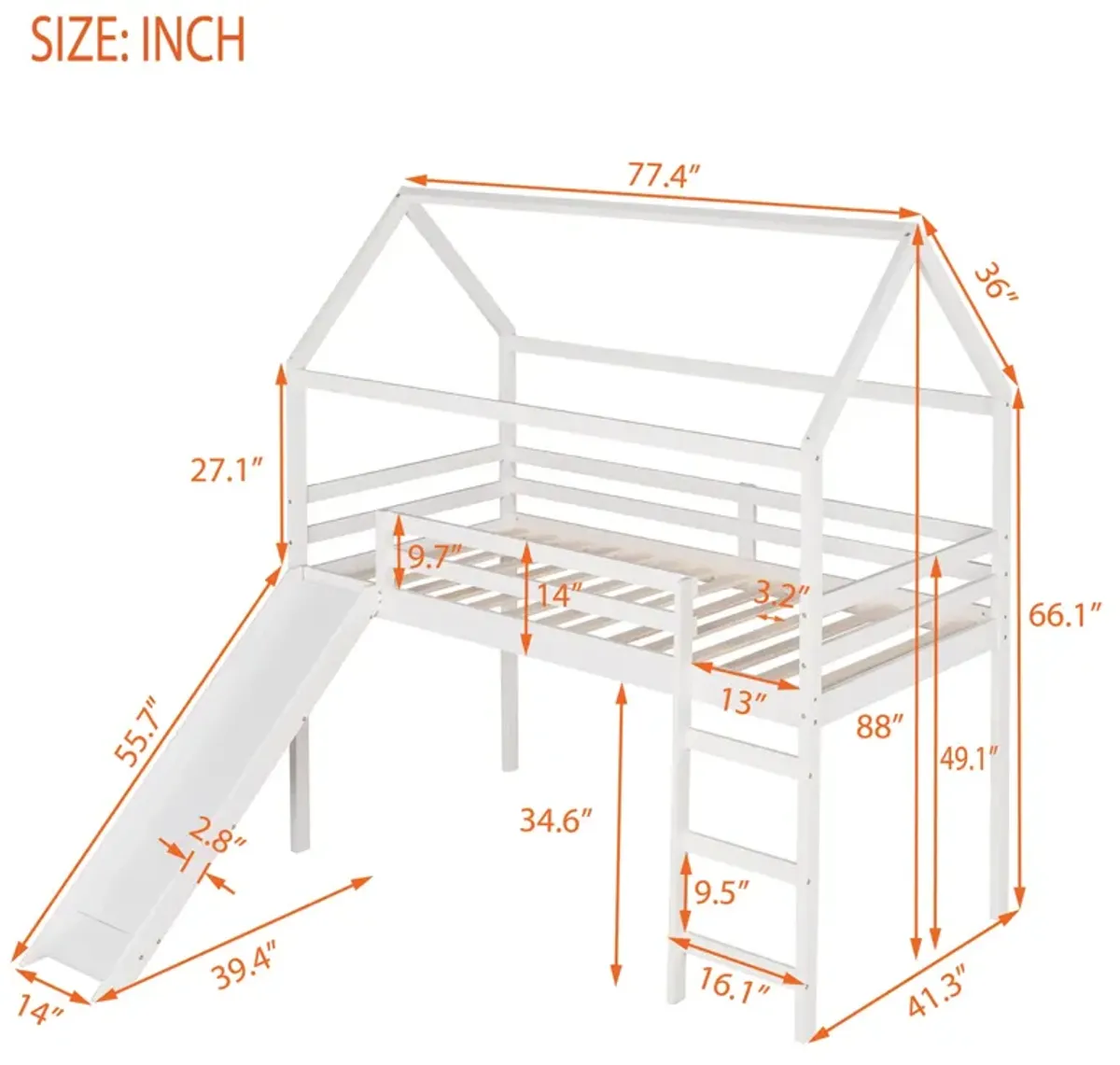 Twin Loft Bed with Slide, House Bed with Slide