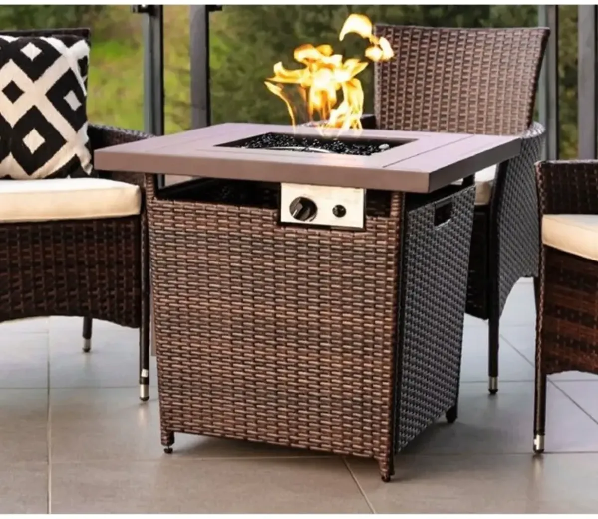 Hivvago Brown Resin Wicker Fire Pit LP Gas Propane w/ Faux Wood Tabletop and Cover