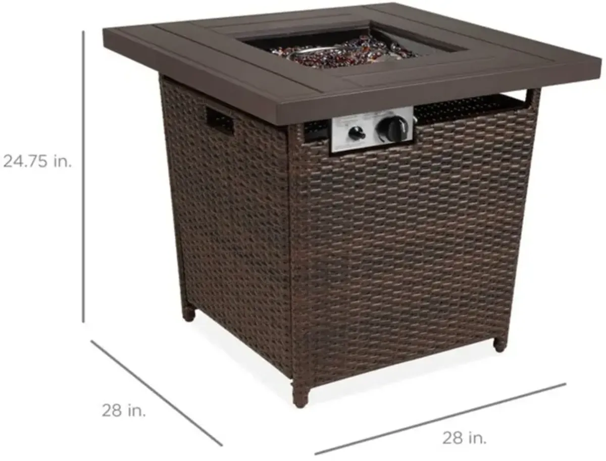 Hivvago Brown Resin Wicker Fire Pit LP Gas Propane w/ Faux Wood Tabletop and Cover