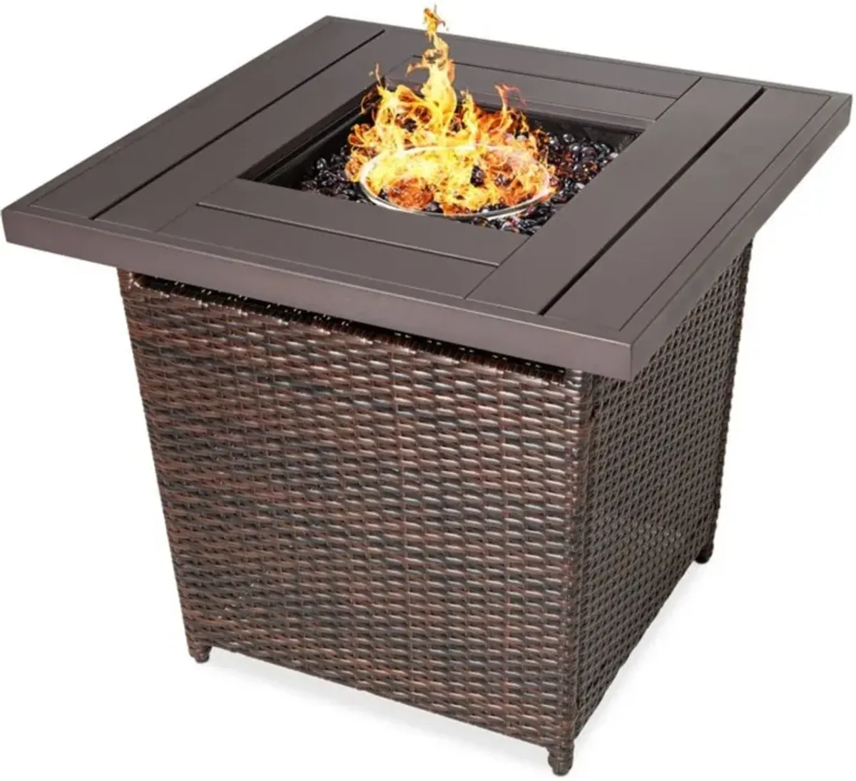 Hivvago Brown Resin Wicker Fire Pit LP Gas Propane w/ Faux Wood Tabletop and Cover