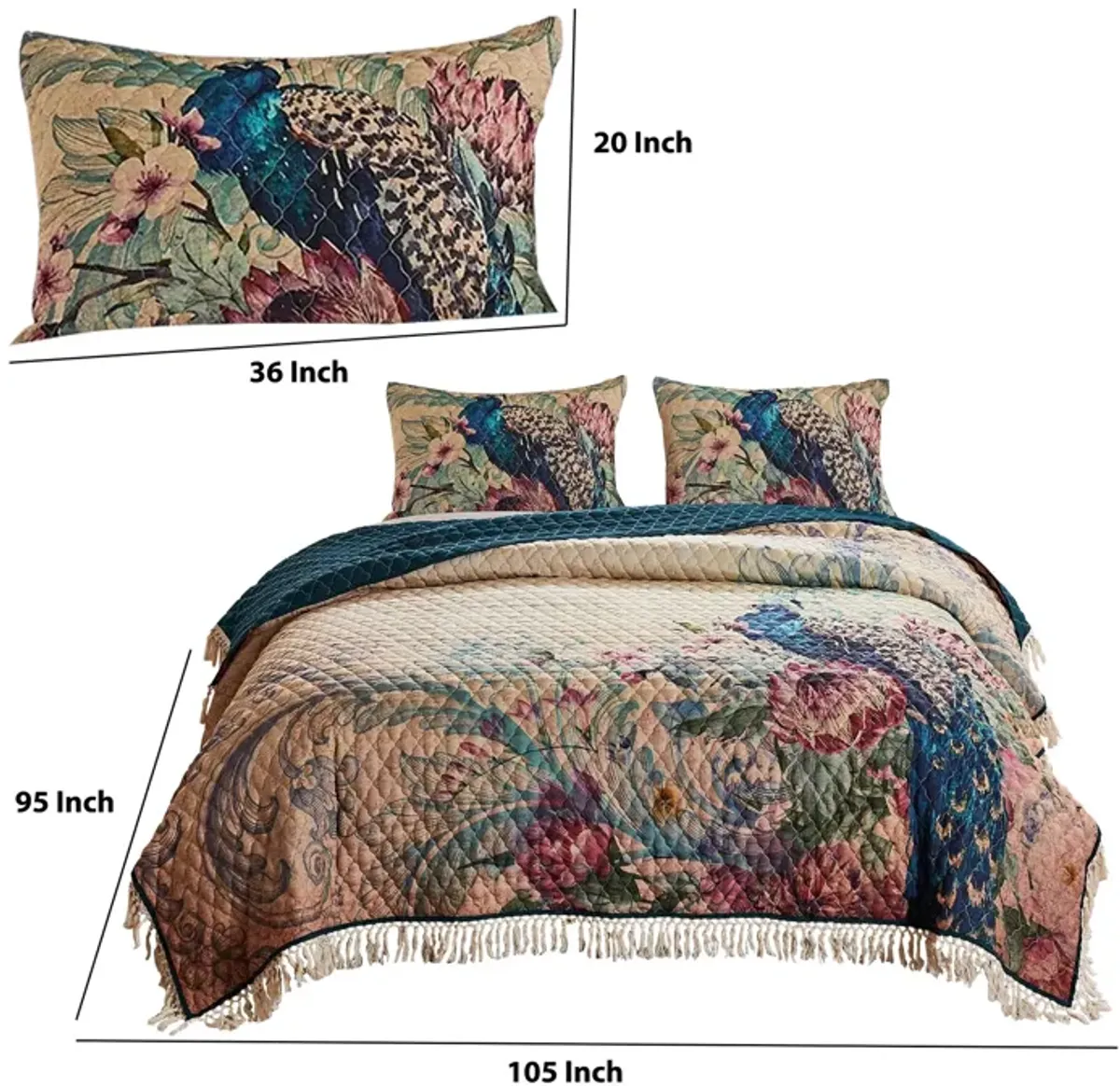 3 Piece King Size Quilt Set with Floral Print and Crochet Trim, Multicolor - Benzara