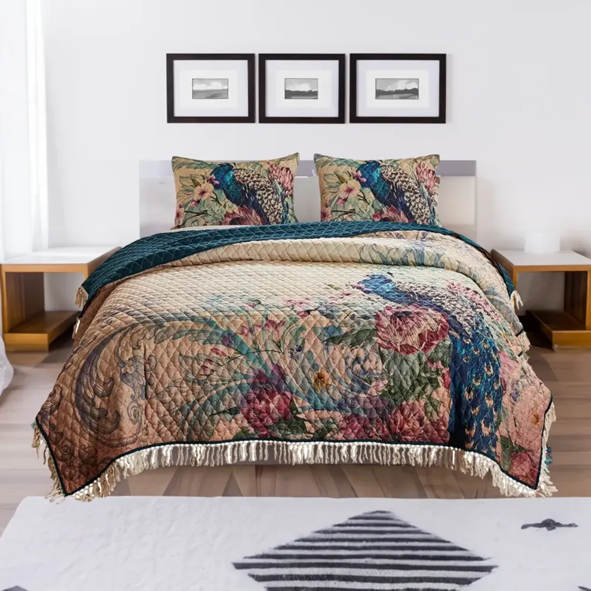 3 Piece King Size Quilt Set with Floral Print and Crochet Trim, Multicolor - Benzara