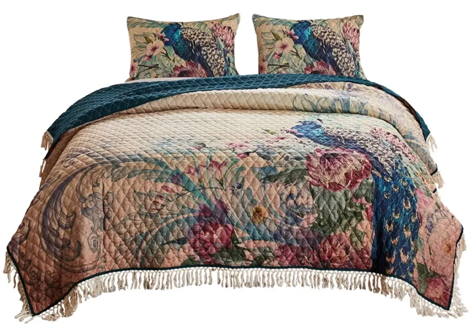 3 Piece King Size Quilt Set with Floral Print and Crochet Trim, Multicolor - Benzara