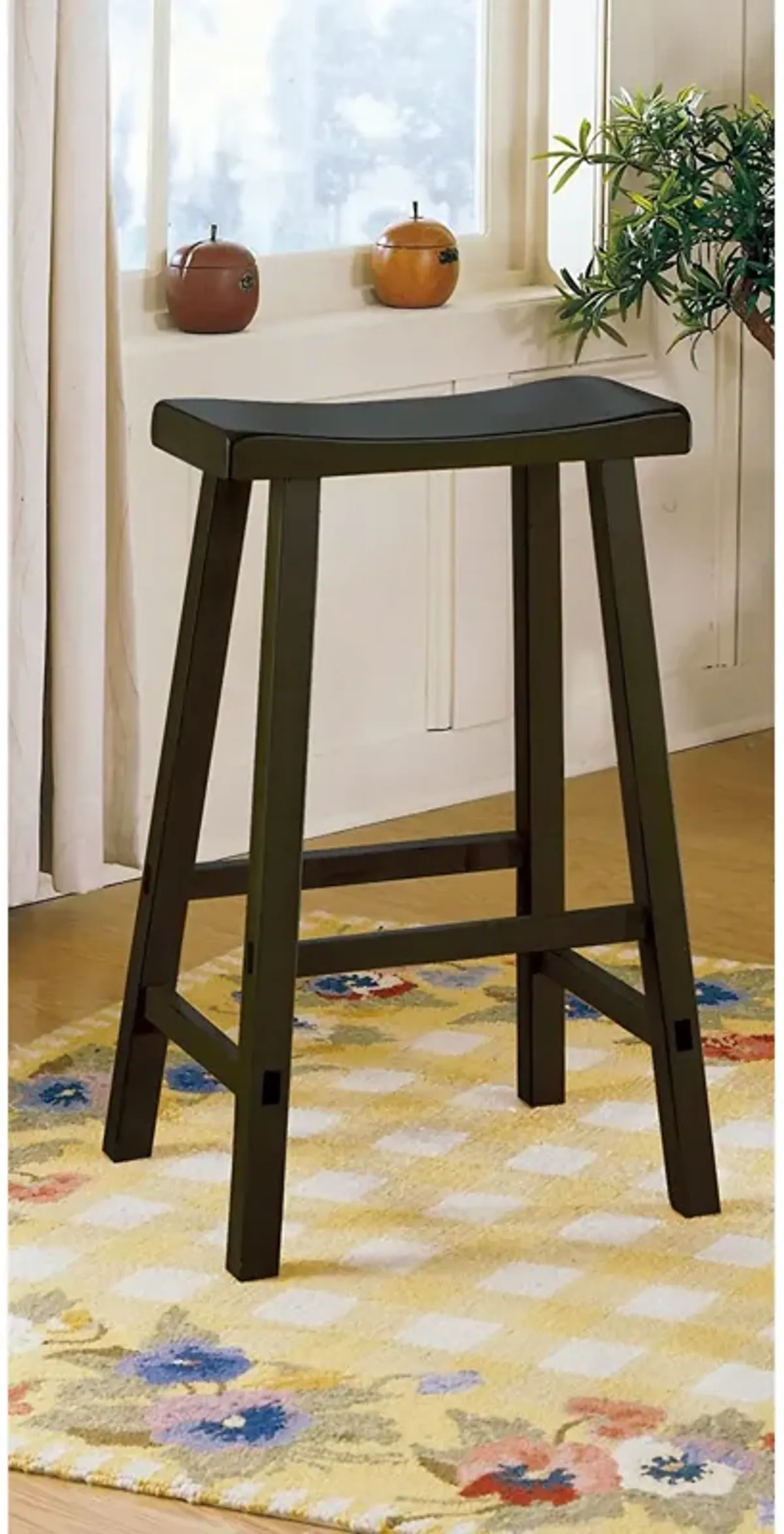 Wooden 29" Counter Height Stool with Saddle Seat, Black, Set Of 2-Benzara