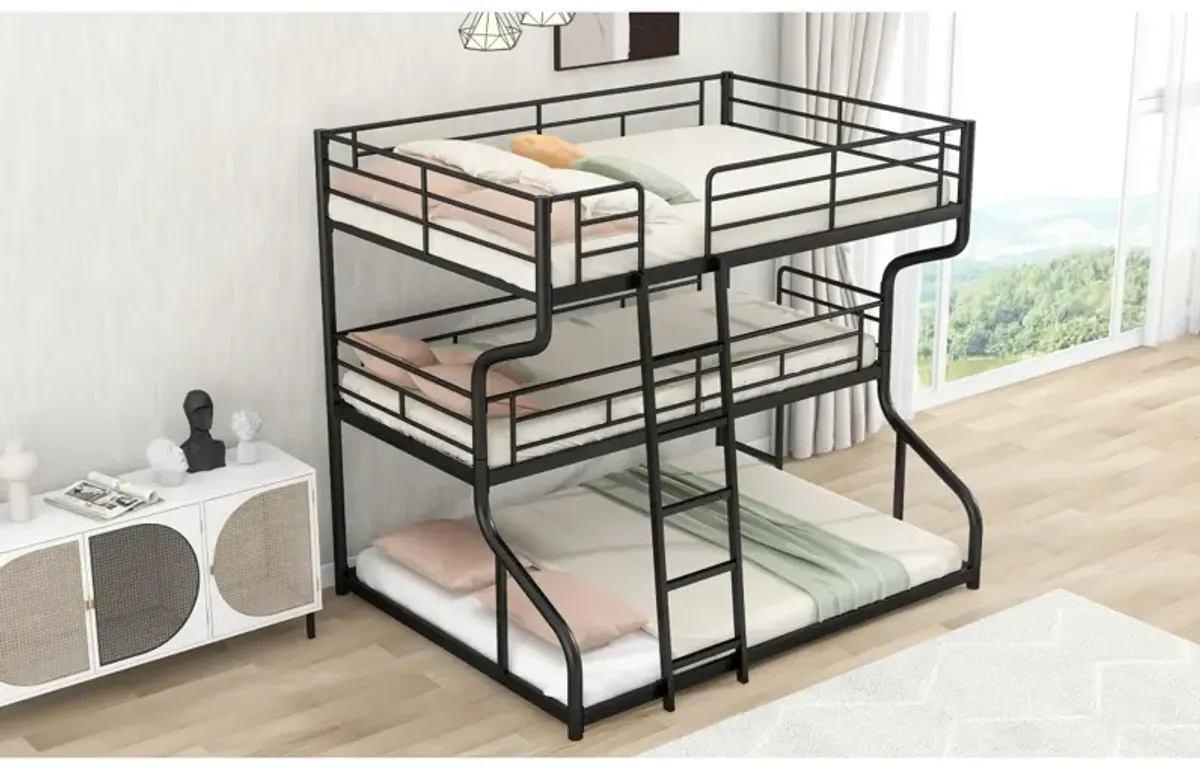 Full XL Over Twin XL Over Queen Size Triple Bunk Bed With Long And Short Ladder