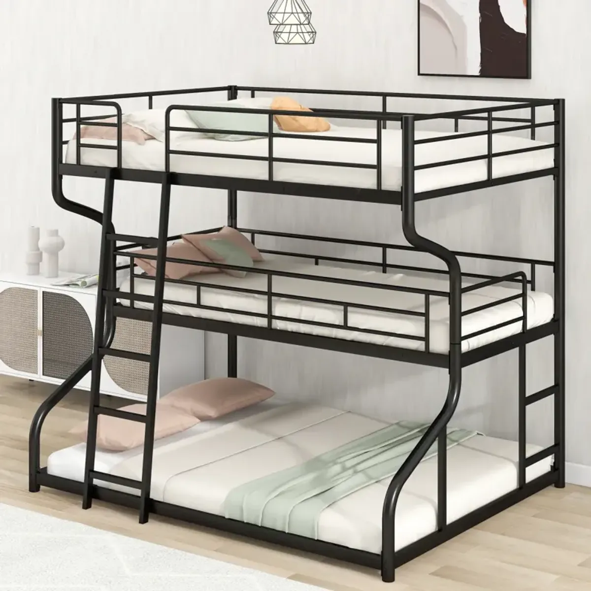 Full XL Over Twin XL Over Queen Size Triple Bunk Bed With Long And Short Ladder