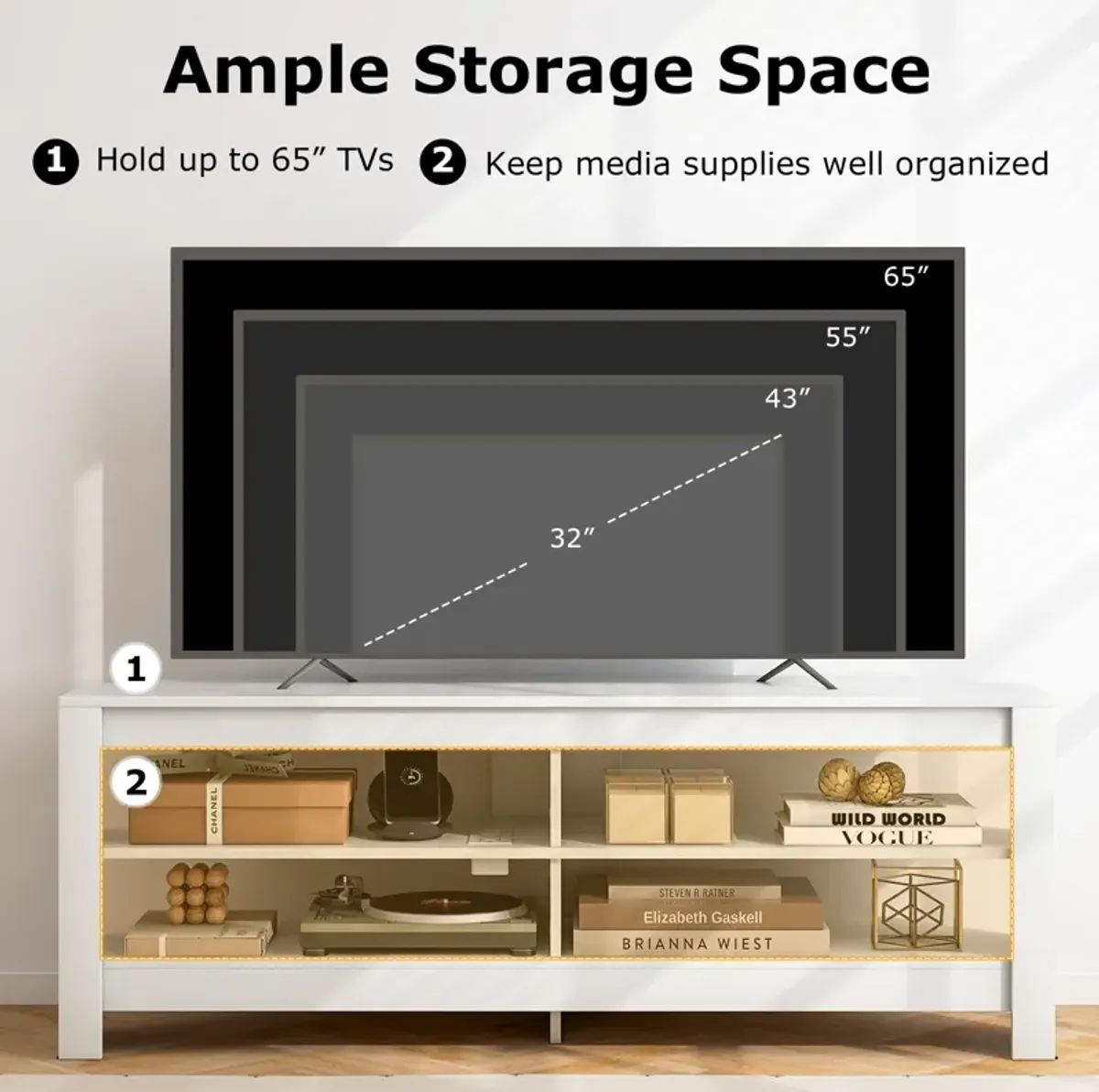 Corner TV Stand with Power Outlet and 4 Open Storage Shelves-White