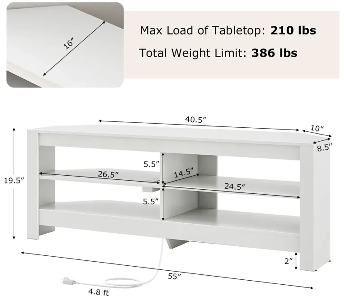 Corner TV Stand with Power Outlet and 4 Open Storage Shelves-White