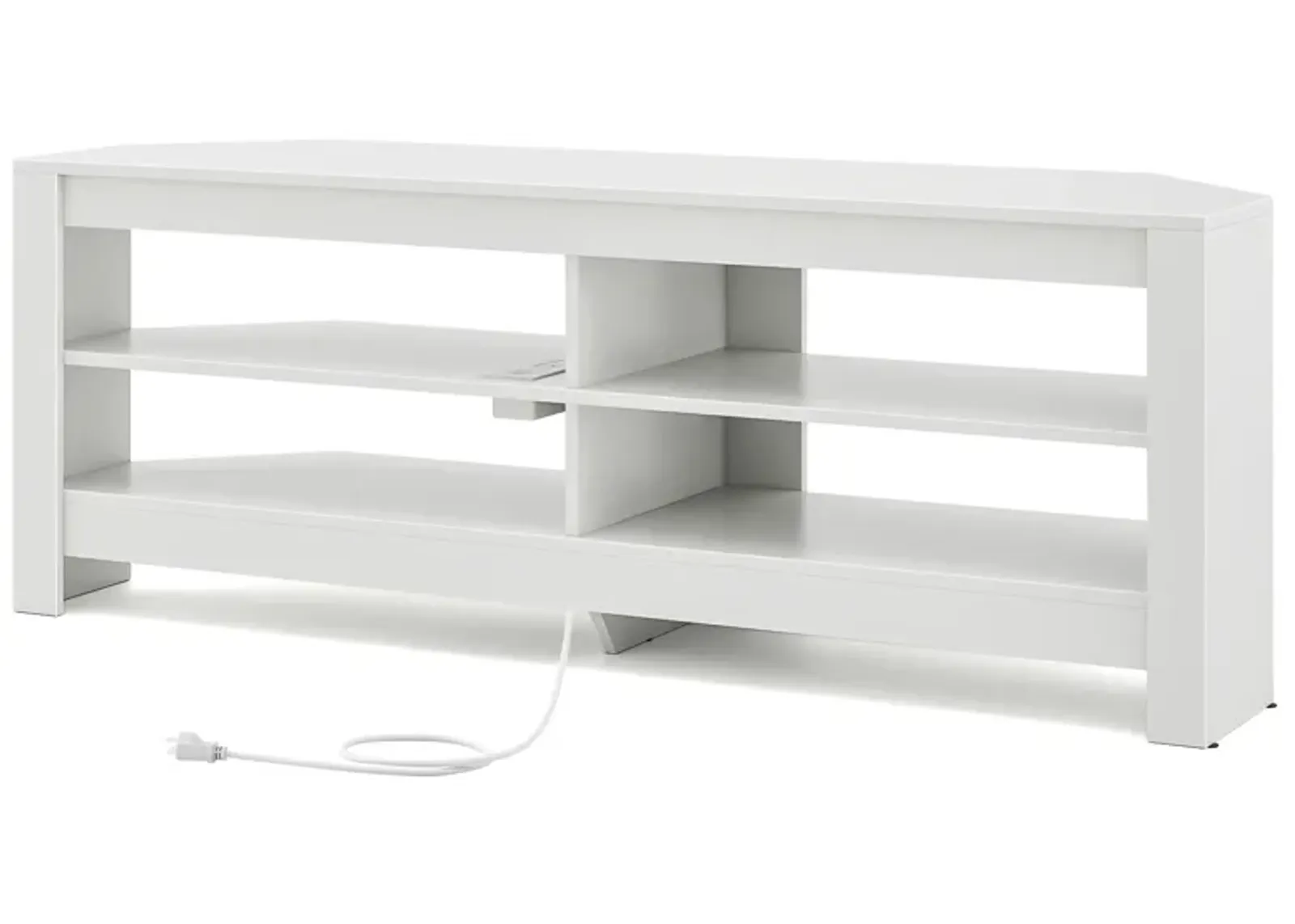 Corner TV Stand with Power Outlet and 4 Open Storage Shelves-White