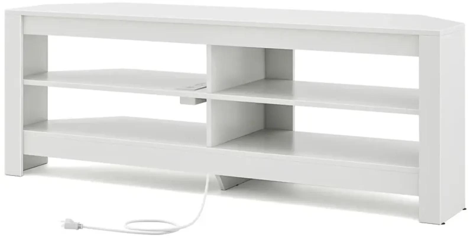 Corner TV Stand with Power Outlet and 4 Open Storage Shelves-White