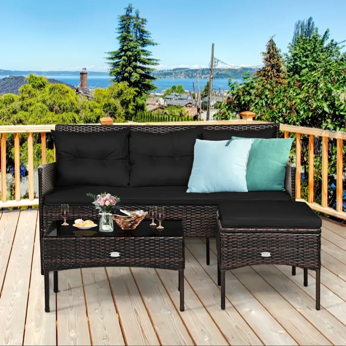 3 Pieces Patio Furniture Sectional Set with 5 Cozy Cushions