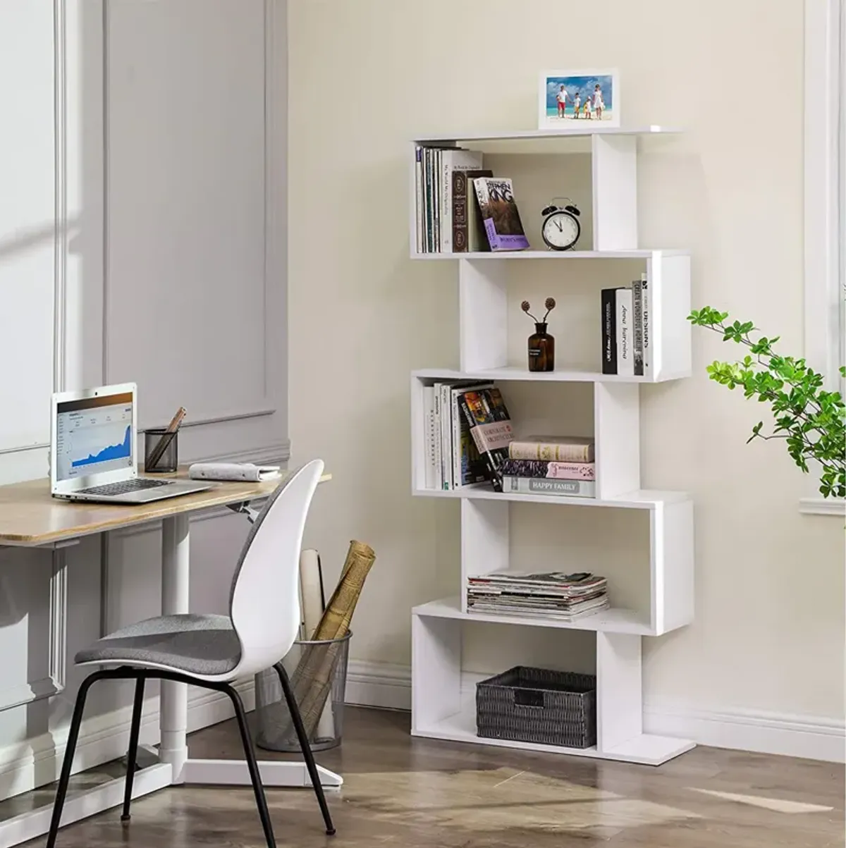 Wooden 5-Tier Display Shelf – Freestanding White Bookcase