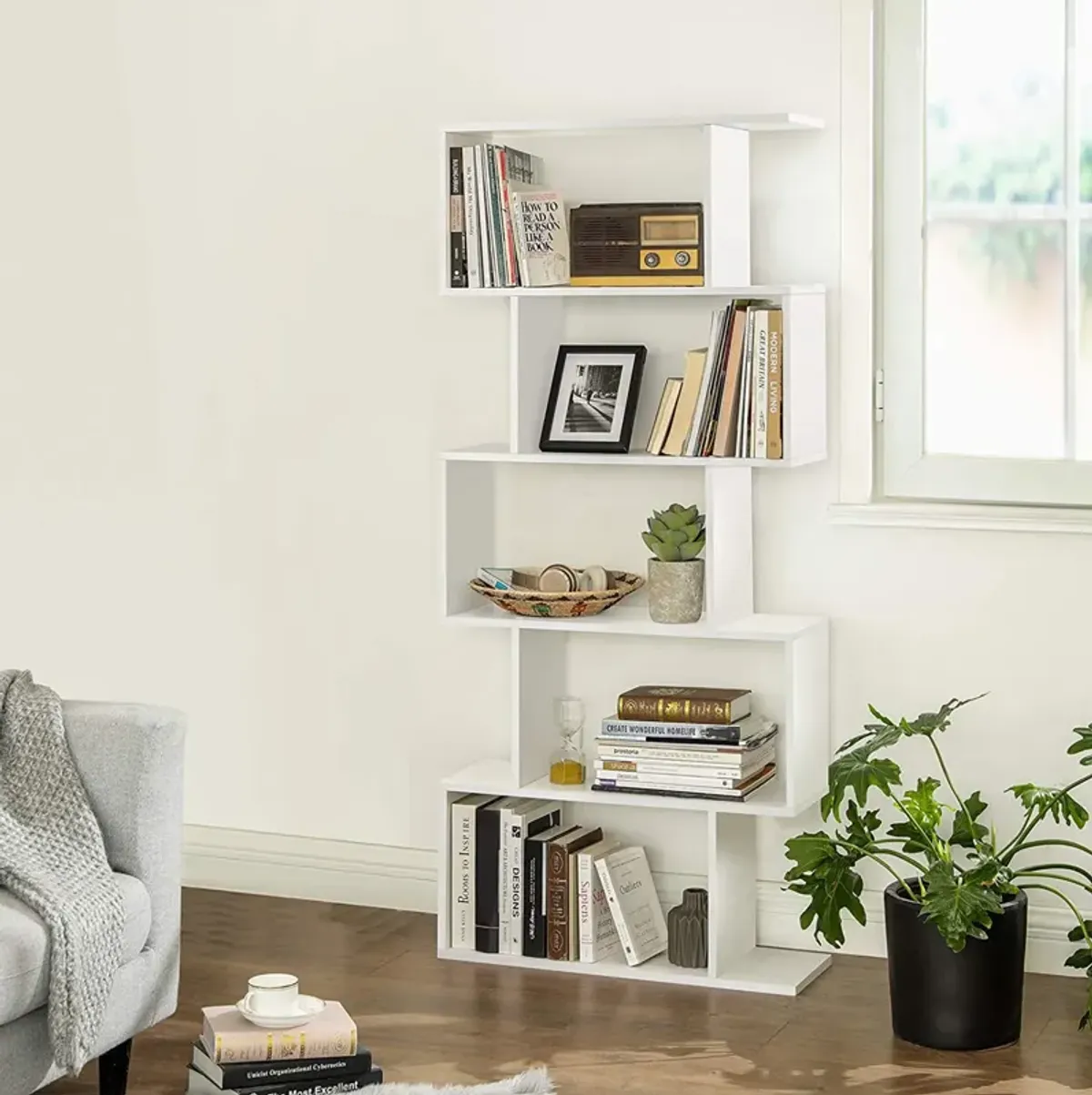 Wooden 5-Tier Display Shelf – Freestanding White Bookcase