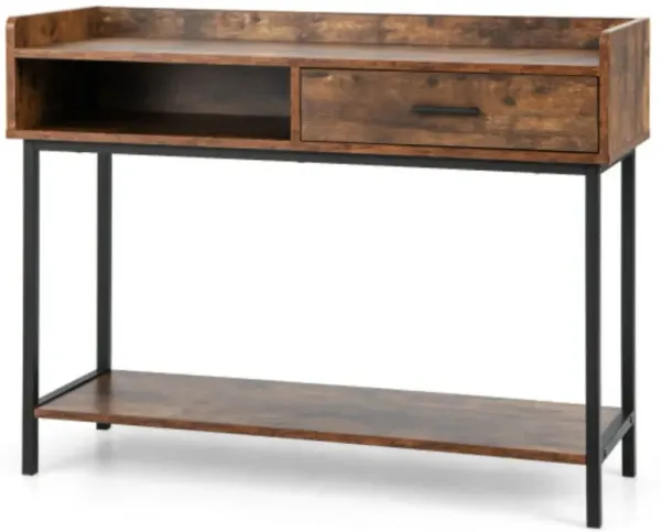 Long Console Table with Drawer and Metal Frame-Rustic Brown