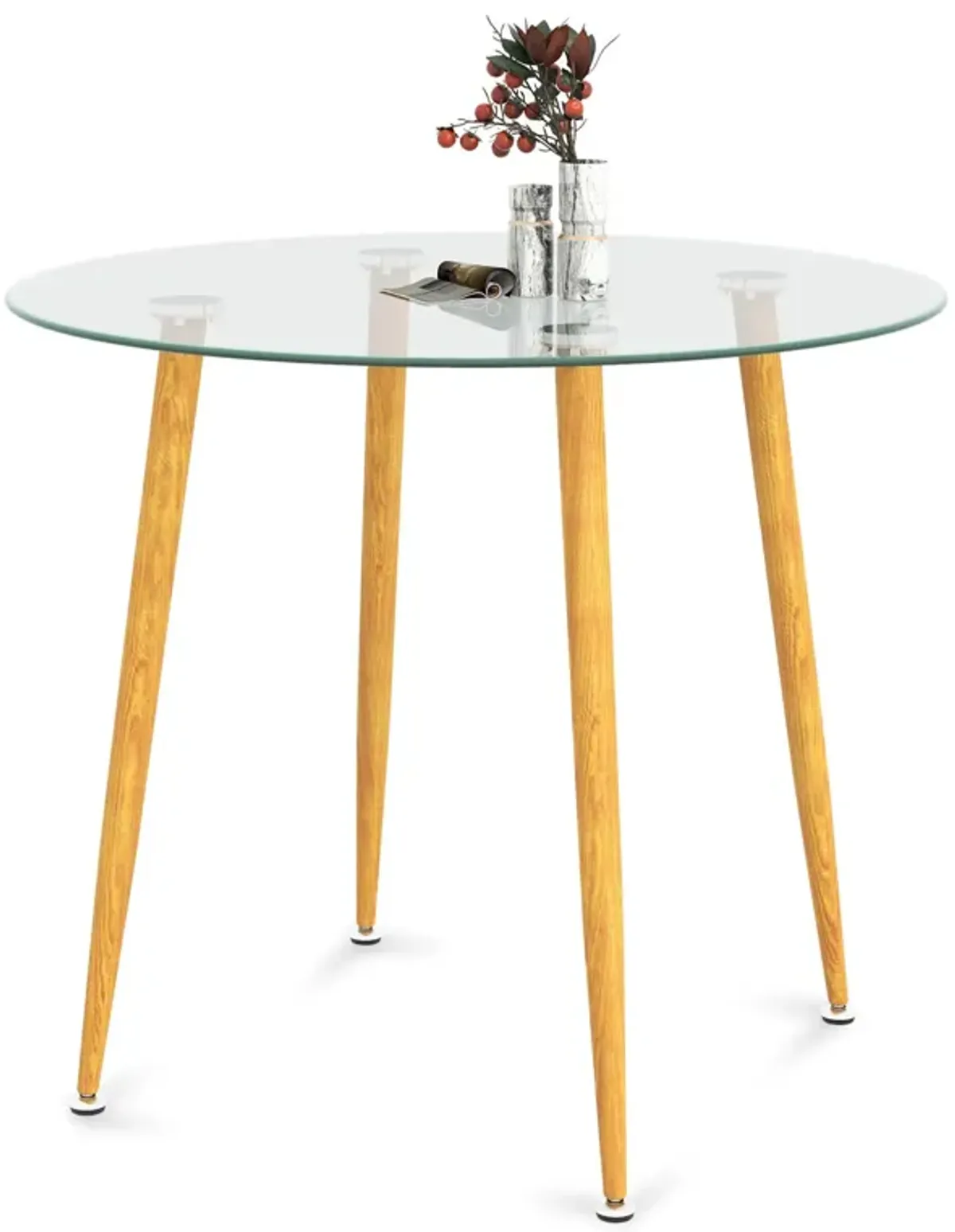 Round Glass Dining Table Leisure Coffee Table with Metal Legs-Natural