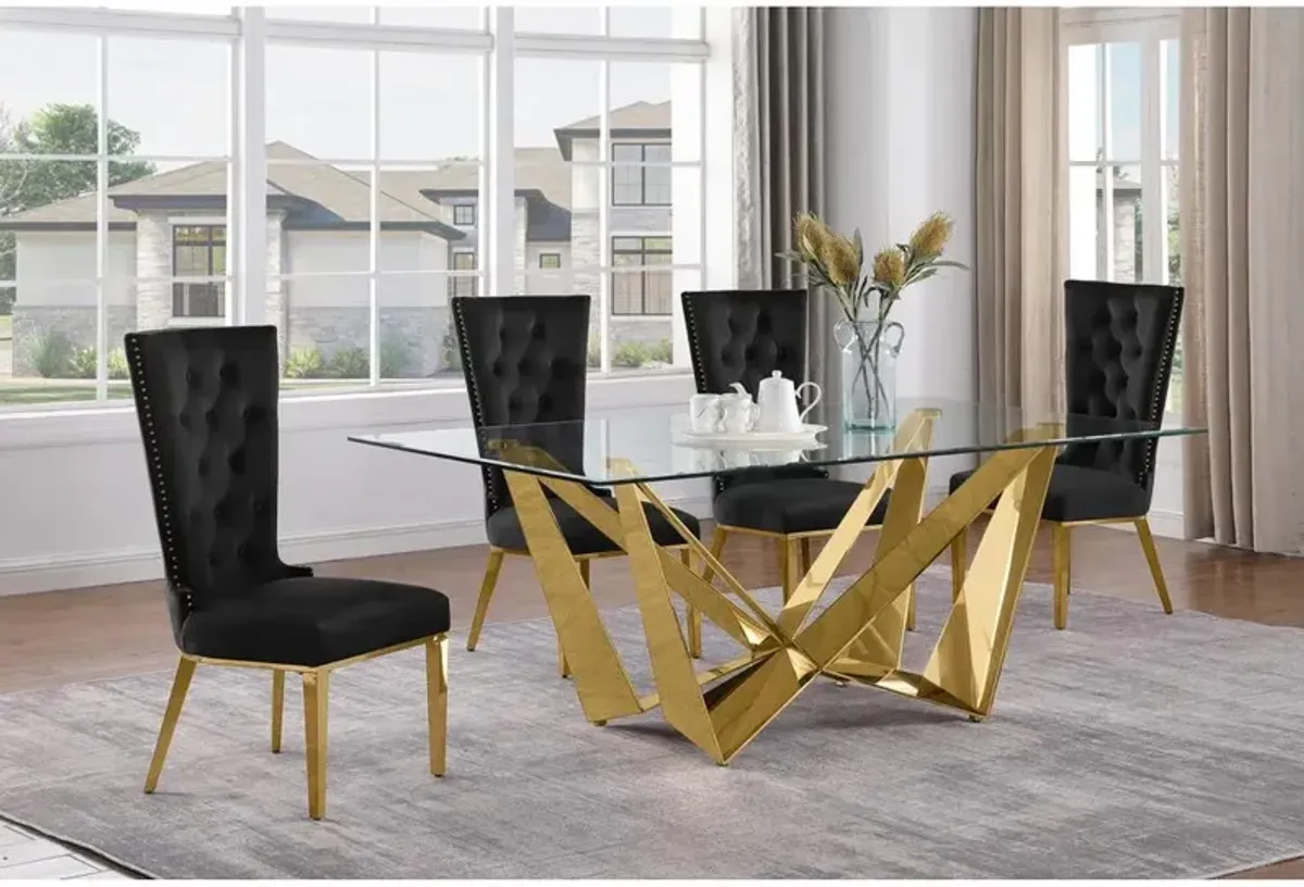 5pc Small(78") glass dining set with gold base and 6 Black side chairs