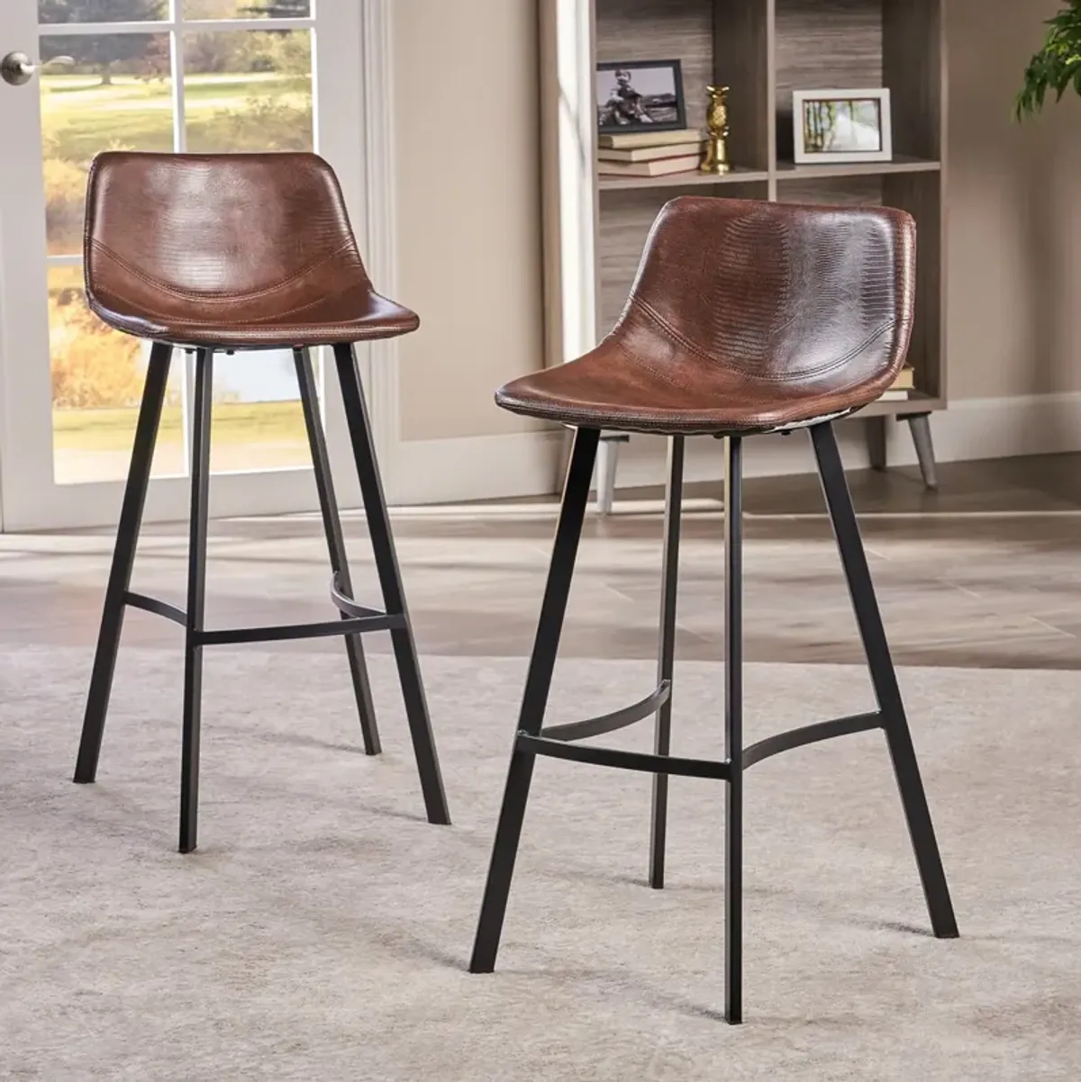 Modern Faux Snakeskin Barstool Set with Curved Seating and Matte Black Legs