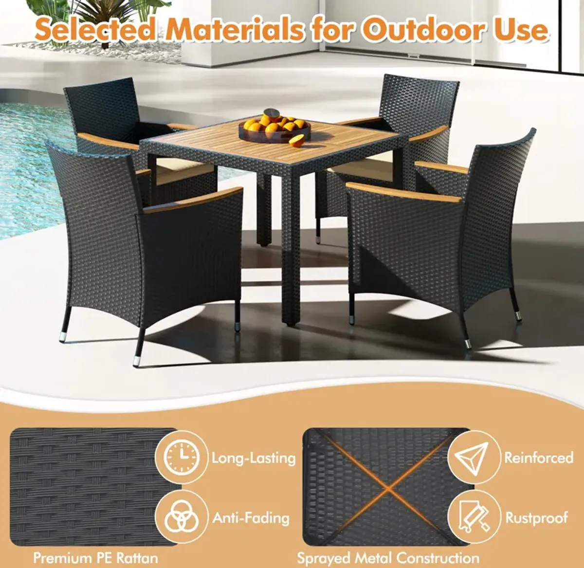 5 Pieces Patio Dining Table Set for 4 with Umbrella Hole