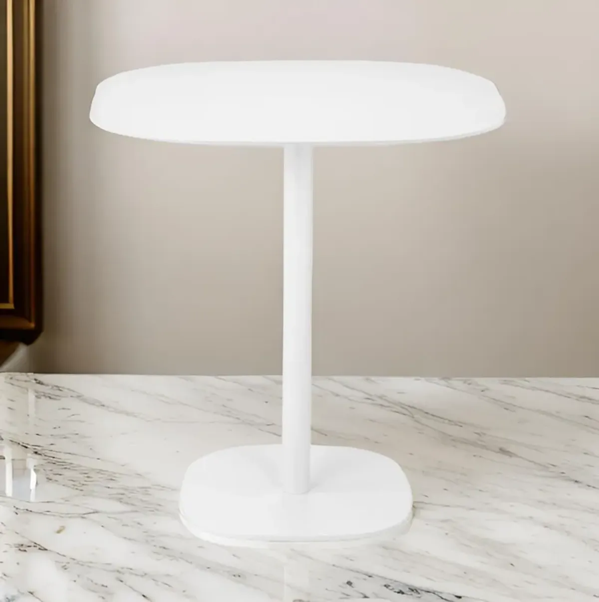 Liki 28 Inch Bistro Dining Table, Round Top and Base, Modern White Metal - Benzara